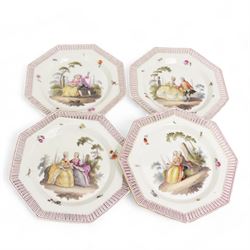 Set of six 19th century Berlin octagonal plates and a pair of two handled baskets, with pierced designs and decorated with couples in landscapes, plates D21cm, baskets, D23cm (8)