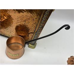 Arts and Crafts style copper and brass coal bucket, with two loop handles and four bracket feet, together with a copper and brass samovar, three copper moulds and four copper measuring cups, samovar H54cm
