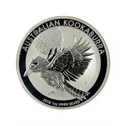 Nine Queen Elizabeth II Australia one ounce fine silver one dollar coins, including 2014 'Saltwater Crocodile', 2015 'Funnel Web Spider', 2018 'Kangaroo', 2020 '30th Anniversary Kookaburra' etc