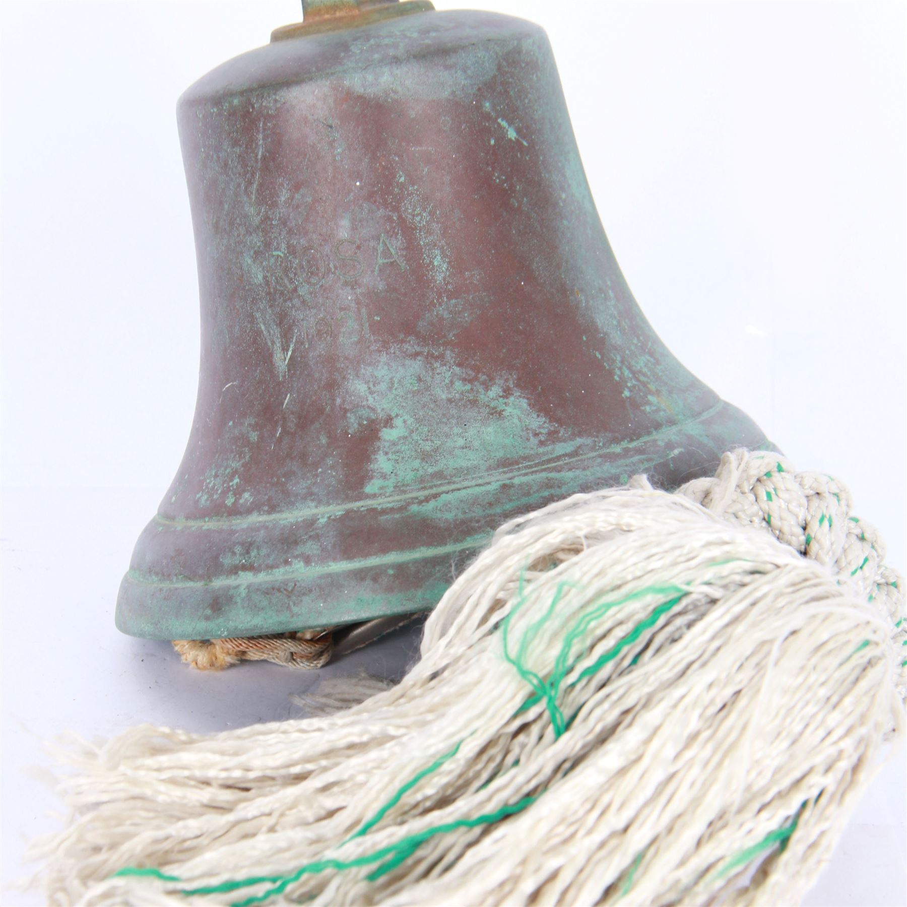 Early 20th century bronze ship's bell, inscribed 'Rosa 1921', with plaited rope pull, H19cm