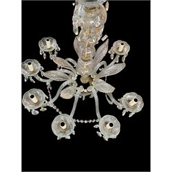 Italian style eight branch glass chandelier, with baluster stem, eight barley twist scroll arms interspersed by seven clear blown glass leaves, petal edged drip pans and hung with faceted glass bead swags and drops, H94cm x W85cm approx.