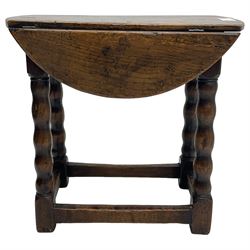 Small oak drop-leaf occasional table, lunette carved end rails, on bobbin turned supports united by stretchers 