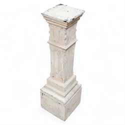 20th century painted wood pedestal, stepped square form with fluted decoration, terminatin...