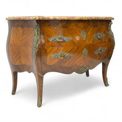 Late 20th century Louis XV design Kingwood and rosewood bombe commode chest, shaped ovolo-moulded variegated marble top, fitted with two drawers, scrolling foliate cast gilt metal handles and mounts