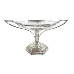 Early 20th century twin handled pedestal dish, of hexagonal form, with Art Nouveau inspired foliate mounted handles, upon a domed hexagonal foot, hallmarked Walker & Hall, Sheffield 1919, including handles H16.5cm