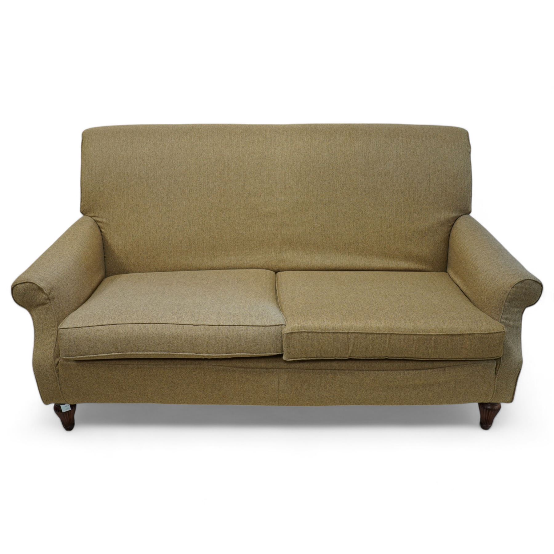 Multi-York - traditional shape two seat sofa, rolled back and arms over loose seat cushions, all upholstered in camel herringbone tweed fabric, on turned feet