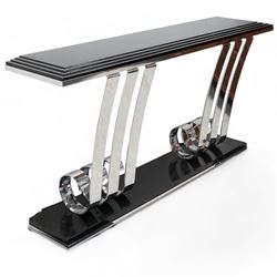 Art Deco design black lacquered and chrome console table, rectangular cascading top over s...