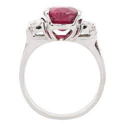 18ct white gold three stone oval cut ruby and round brilliant cut diamond ring, hallmarked, ruby approx 4.30 carat