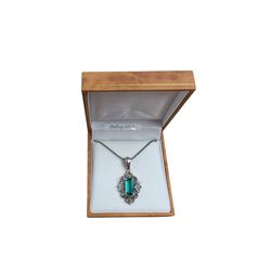 Silver marcasite and green stone pendant necklace, boxed