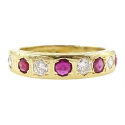 18ct gold rubover set, round cut ruby and round brilliant cut diamond ruby half eternity r...