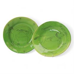 Hylton Nel (1941-); Two bowls, 1995, the green ground decorated internally stylised animal...