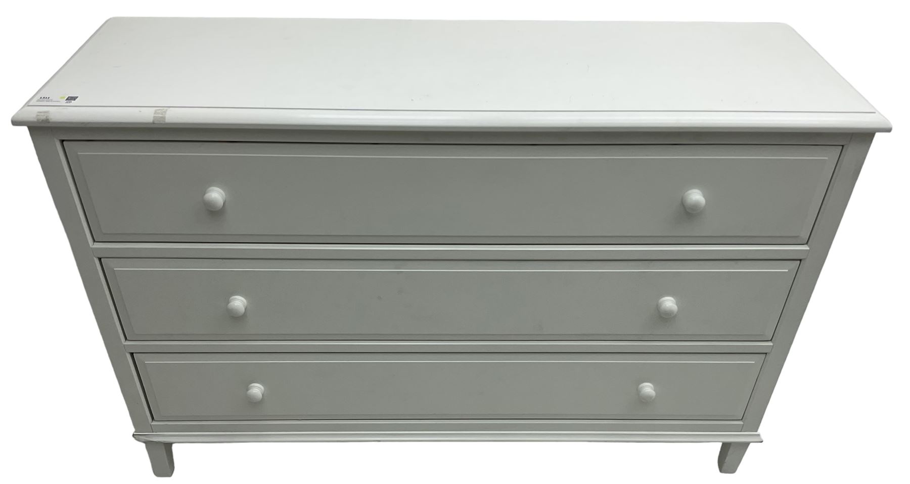 Contemporary wide white painted straight-front chest, fitted with three drawers