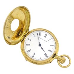 Early 20th century 18ct gold and pink enamel half keyless lever fob watch by Boxell, Brighton, white enamel dial with Roman numerals, back case monogrammed, stamped  K18 with Helvetia hallmark