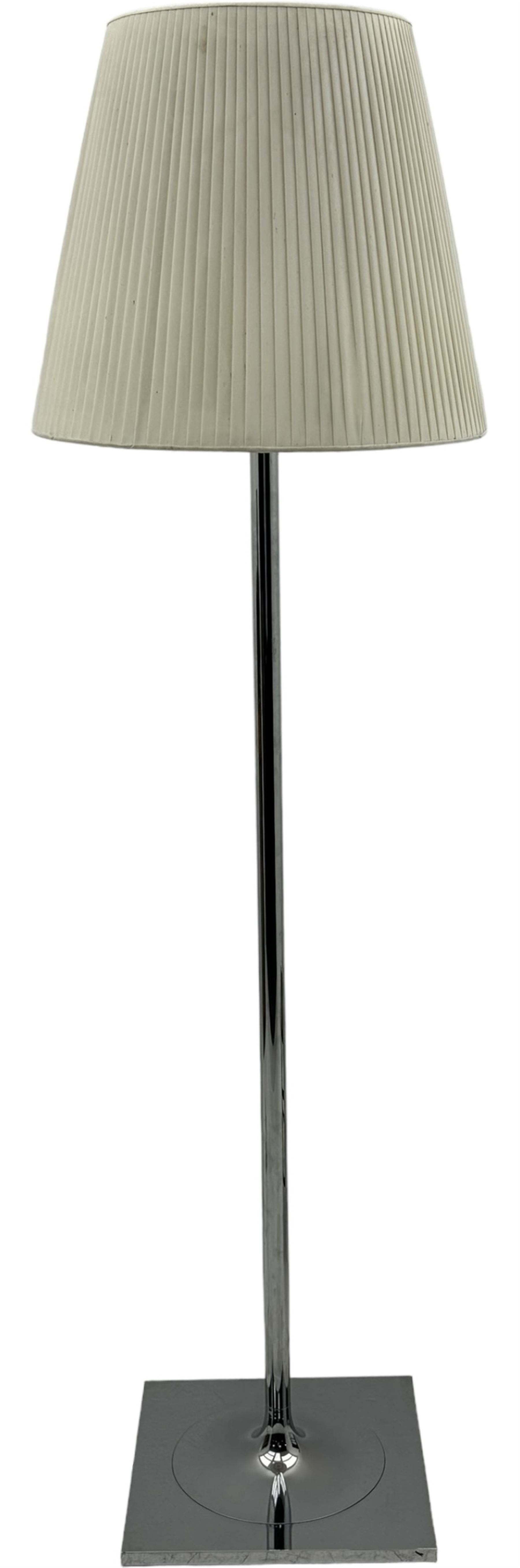 Philippe Starck (b. 1949) for Flos - 'KTribe Floor 2' standard lamp, the base, rod support, and diffuser support in die-cast, polished, and chrome-plated Zamak alloy, with an inner frosted diffuser and an outer fabric shade, equipped with an electronic dimmer switch