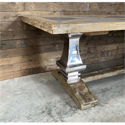 Large rectangular rustic wood and tile effect dining table, chrome pillars on stretcher base