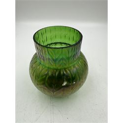 Three Austrian Art Nouveau iridescent glass vases, including a Kralik example of tapering form, with pearlescent lustre body and applied green flower decoration, tallest H18cm