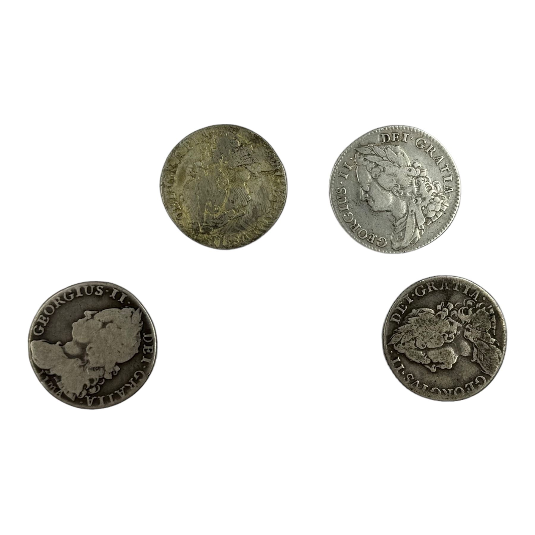 Four George II silver one shilling coins, dated 1743, 1745 LIMA below bust and two 1758