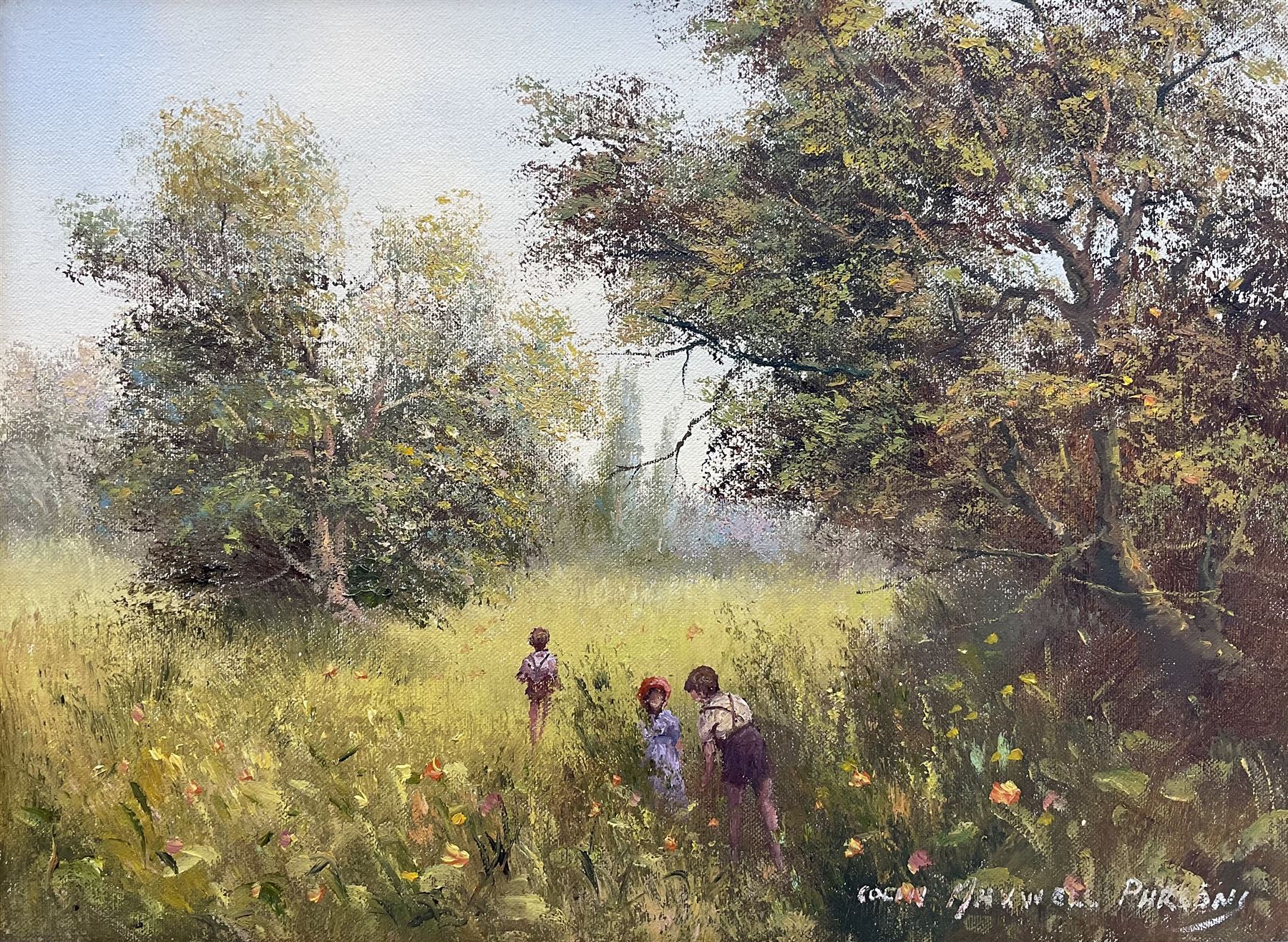 Colin Maxwell Parsons (British 1936-): Children in a Meadow, oil on canvas signed 29cm x 39cm 