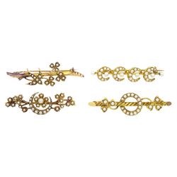 Four Victorian and Edwardian gold split pearl brooches including swallow, crescent moon and foliate