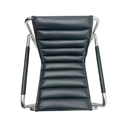 Baroumand Designs - pair of mid 20th century modernist armchairs, slung black leather seat with horizontal channel tufting, tubular chrome frame with curved arms, raised on tubular supports