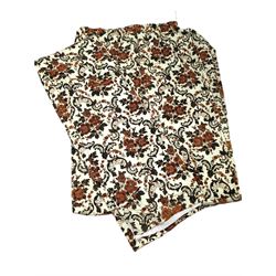 Pair of lined curtains, with orange and brown floral pattern, one curtain drop 240cm, width 180cm