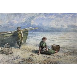 S Hodgson (British 19th Century): Couple Resting Beside the Shore, watercolour signed 36cm x 53cm 