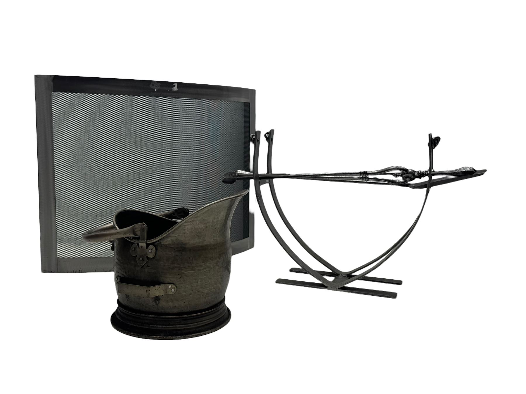 Burnished metal fire set - curved spark guard (W77cm, H60cm); log basket; companion set; helmet coal bucket 