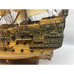 Large kit built scale model of 17th century Royal Navy warship 'HMS Sovereign of the Seas', upon wooden stand with engraved name plaque, H91cm, W111cm