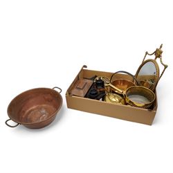 Hilkinson binoculars, tea caddy, brass kettle and planter, copper preserve pan, mirror etc 