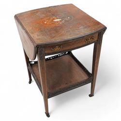 Edwardian inlaid rosewood occasional centre table, oval drop-leaf top inlaid with central fan and extending foliate motifs, fitted with single drawer, on square tapering supports united by galleried undertier, on brass castors 