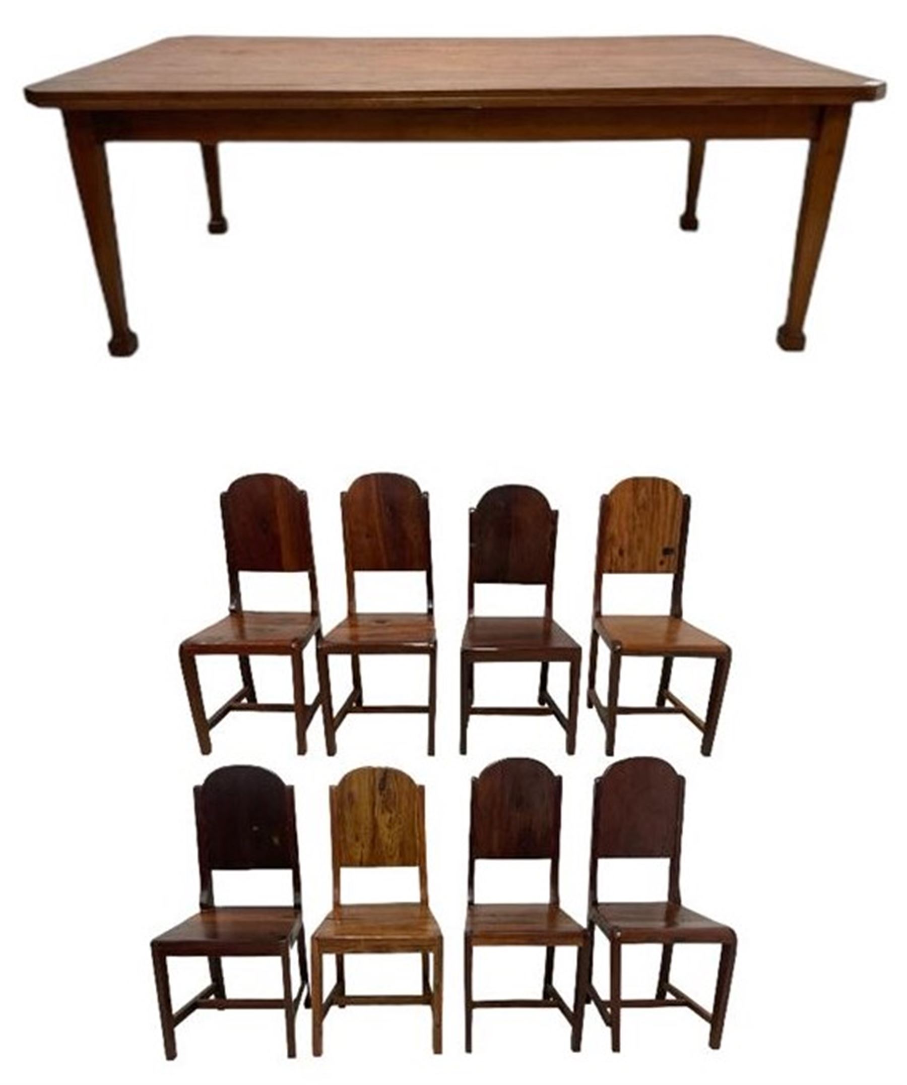 Mid-to-late 20th century teak dining table, rectangular top with canted corners, on square tapering supports with spade feet (214cm x 119cm, H76cm); and a set of eight Burmese reclaimed teak dining chairs, high arched back over panelled seat