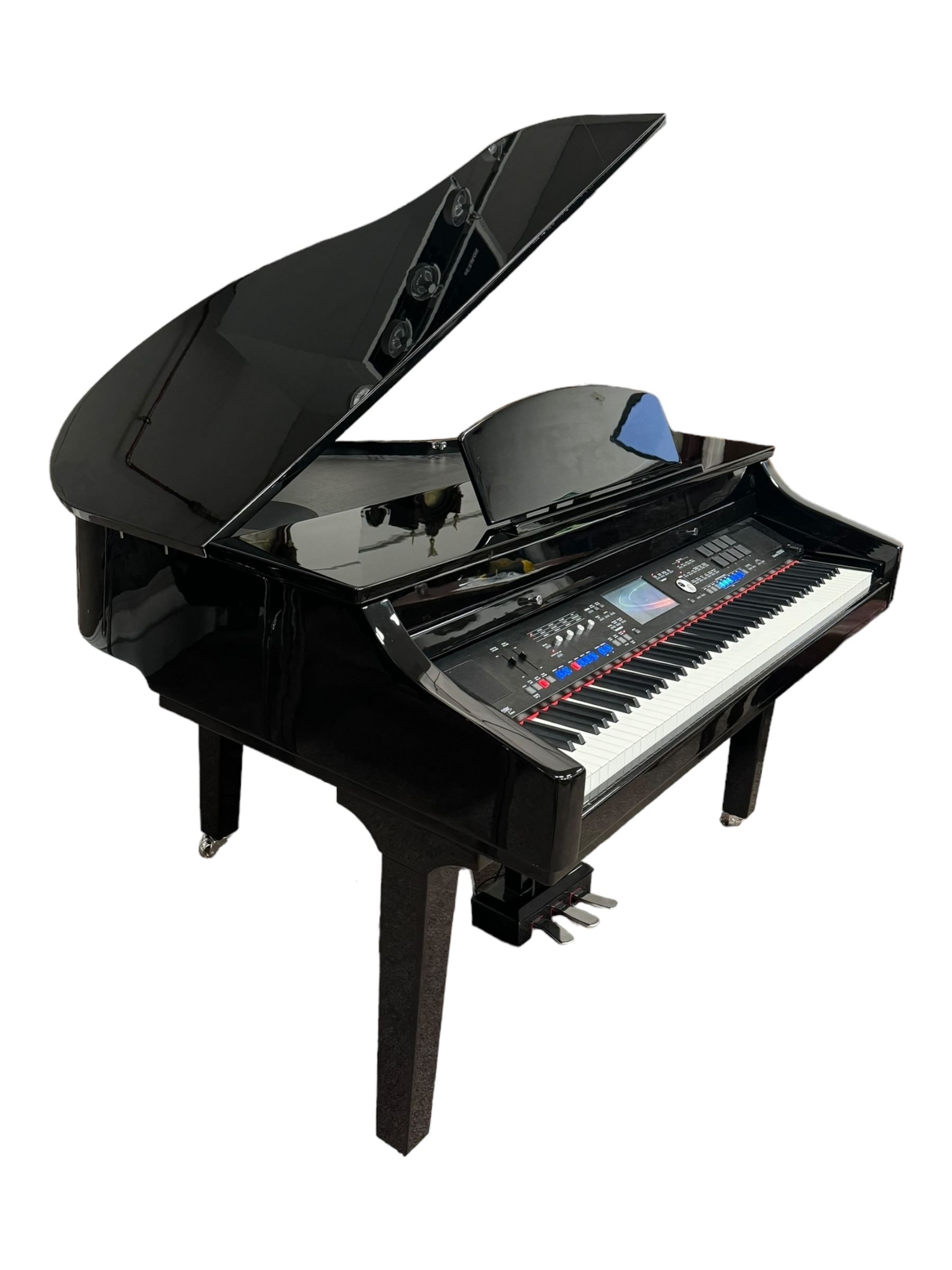 Minster Pianos - Grand 1000 digital grand piano with three foot pedals, touchscreen LCD display, 88 hammer action keys and 8 touch sensitive pads, housed within glossy black lacquered case; adjustable brown upholstered stool