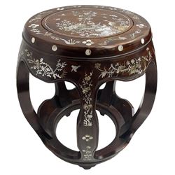 Chinese hardwood stand, inlaid with mother of pearl depicting birds, trees and flowers
