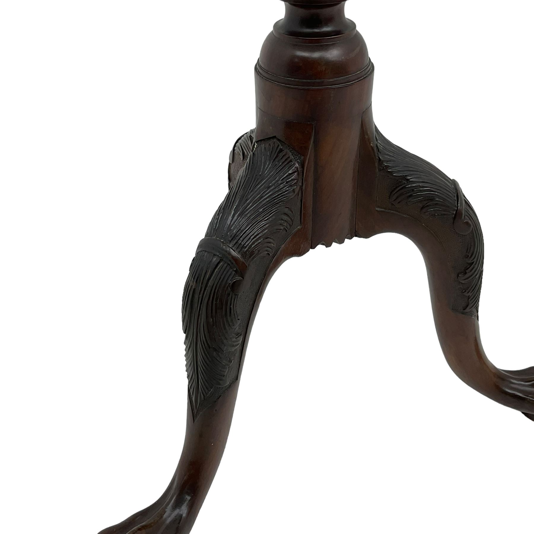 Georgian design mahogany tripod table, pie-crust moulded circular top, raised on turned and fluted column with twist baluster, on out-splayed ball and claw carved feet with acanthus carved knees