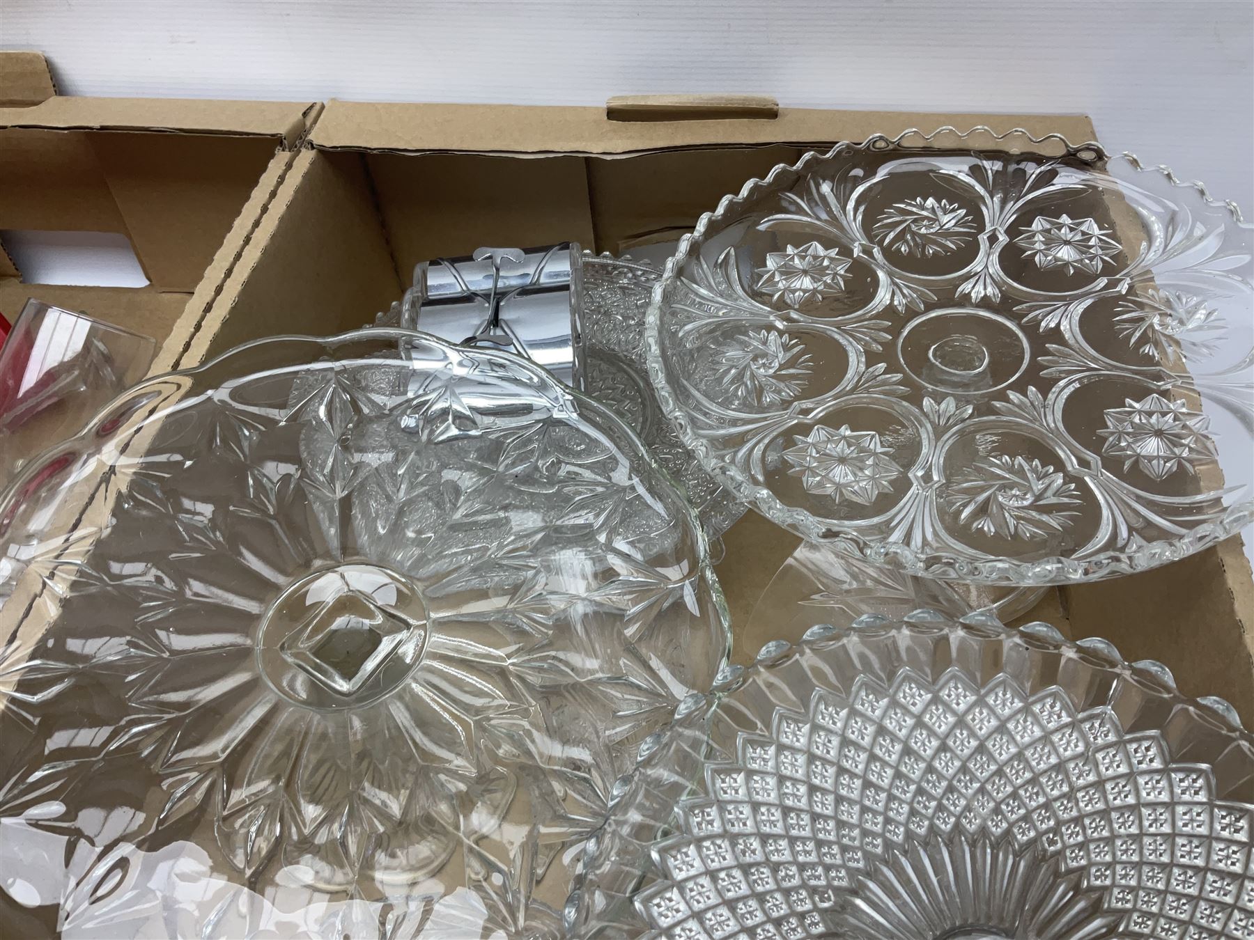 Cut crystal and glassware, including Stuart Crystal mushroom decanter, Elizabeth crystal vase, drinking glasses, tumblers, etc, in four boxes