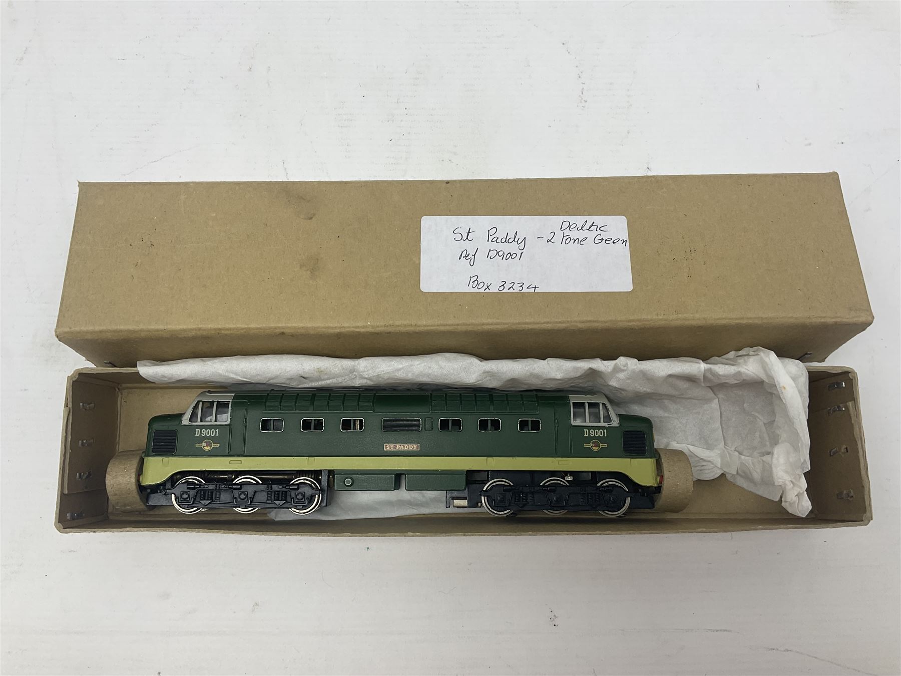 Hornby Dublo - 3-rail 3234 Deltic Type Diesel Co-Co locomotive 'St. Paddy' No.D9001 in BR two-tone green; in later unassociated plain box