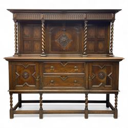 Jacobean Revival oak dresser, projecting moulded cornice over arcade carved frieze and pan...