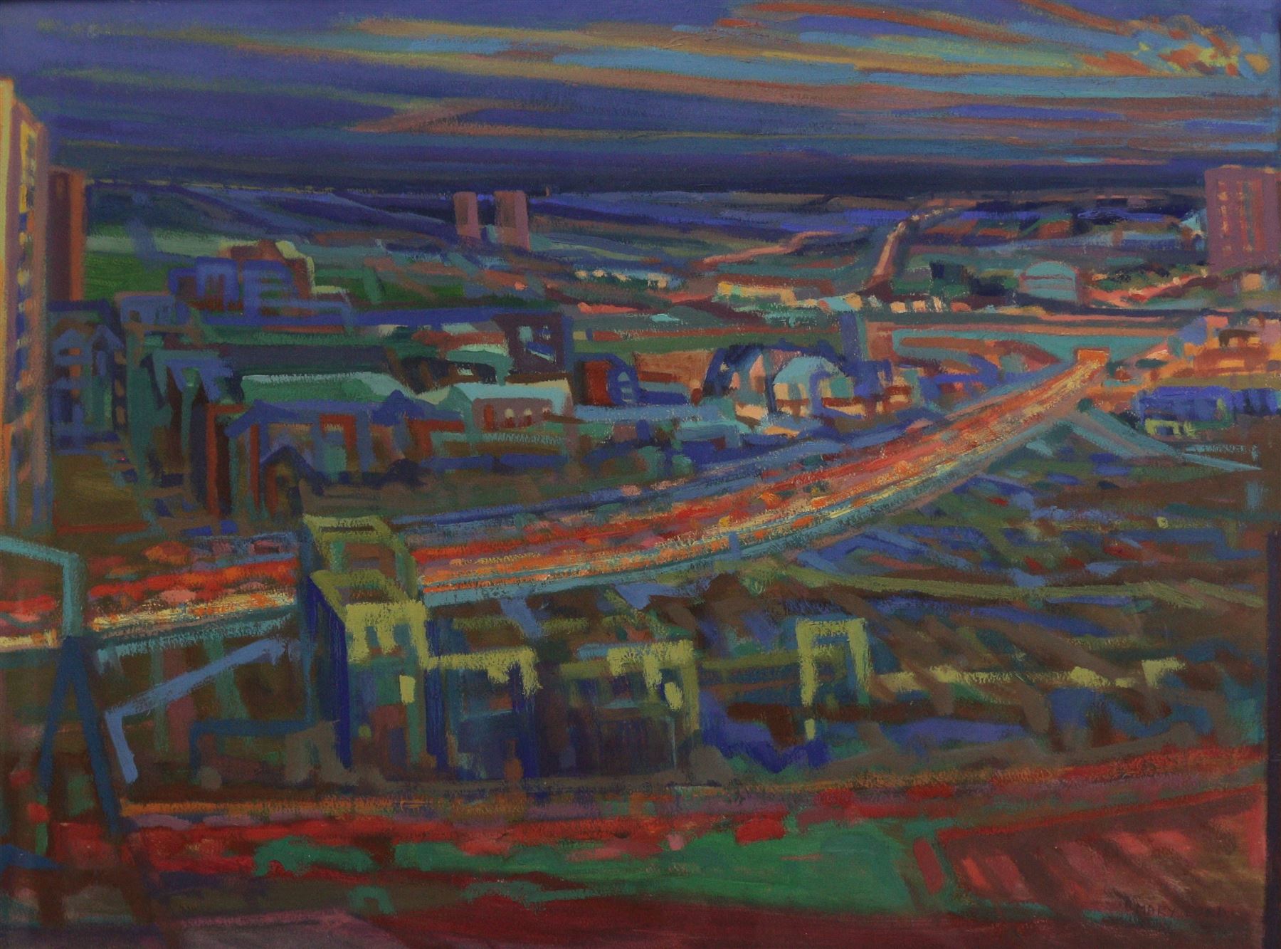 Mary Ann Lord (Yorkshire 1931-): 'Winter Evening in Leeds from Hammonds Suddards - December Sunset Leeds City', oil on paper signed, titled and dated 1995 on label verso 55cm x 75cm