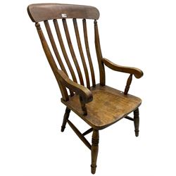 19th century beech Farmhouse armchair, shaped cresting rail over vertical slat back, dished seat on turned supports united by H stretcher 