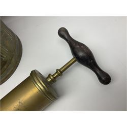 Victorian brass veterinary syringe, with wooden handle, inscribed 'to be returned to J.Cooke FRCV Scarboro' together with a brass jam pan, coal scuttle and spoon and four pewter tankards