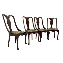 Set of eight late 19th century mahogany spoon back dining chairs, each with shaped top rail over Queen Anne design vase-shaped splat, upholstered seats in floral patterned fabric, raised on cabriole supports with scroll carved knees