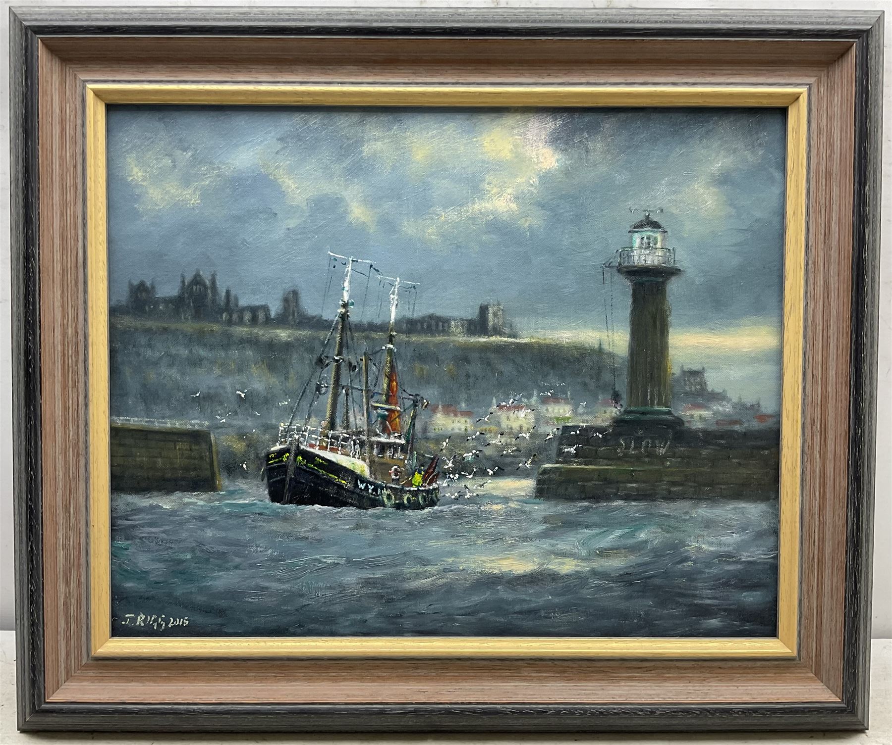 Jack Rigg (British 1927-2023): 'Gone Fishing' - Leaving Whitby, oil on canvas board signed and dated 2015, titled verso 39cm x 50cm