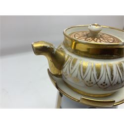 19th century continental teapot and warmer, the teapot upon a cylindrical warming base in the form of a castle, hand printed with 'Le Pantheon', H21cm