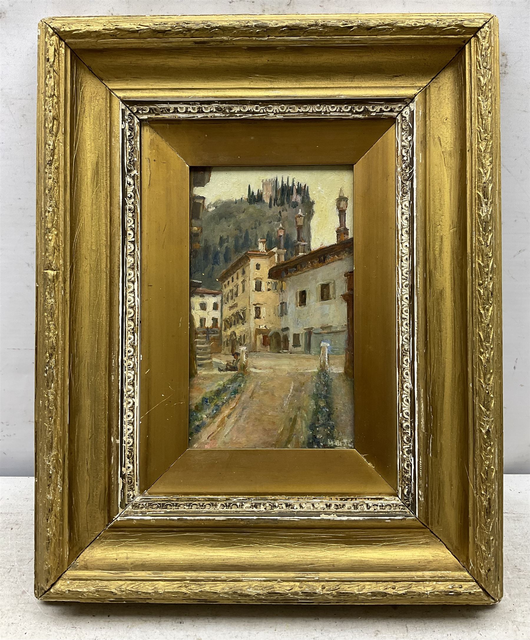 Hugh de Twenebrokes Glazebrook (British 1855-1937): 'Town of Arco - Lake Garda Austria', oil on panel signed titled and dated 1906 verso, 20cm x 12cm 