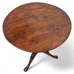 18th century yew wood tripod table, circular tilt-top on vasiform pedestal, on three out-splayed support 