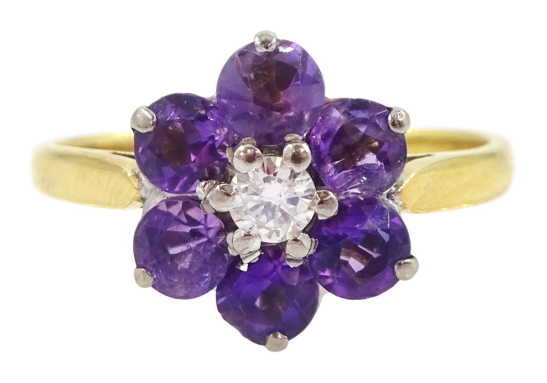 Gold round cut amethyst and round brilliant cut diamond flower head cluster ring, stamped 18ct