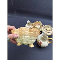 Royal Worcester Blush Ivory, three graduation flat back jugs, bowl in the form of a shell, covered jar etc (8)