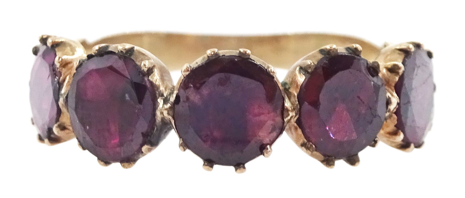 Georgian / early Victorian 9ct rose gold five stone, foiled back garnet ring