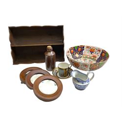 Assorted collectables, to include a 19th century Derby bowl decorated in the Imari colours, D28cm, Sevres style Chateau des Tuileries coffee cup and saucer, 19th century blue and white printed jug, oak cutlery tray, set of three small oak framed mirrors, D15cm, etc. 
