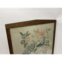 20th century framed crewelwork embroidery, depicting foliate and birds, H64, W55cm